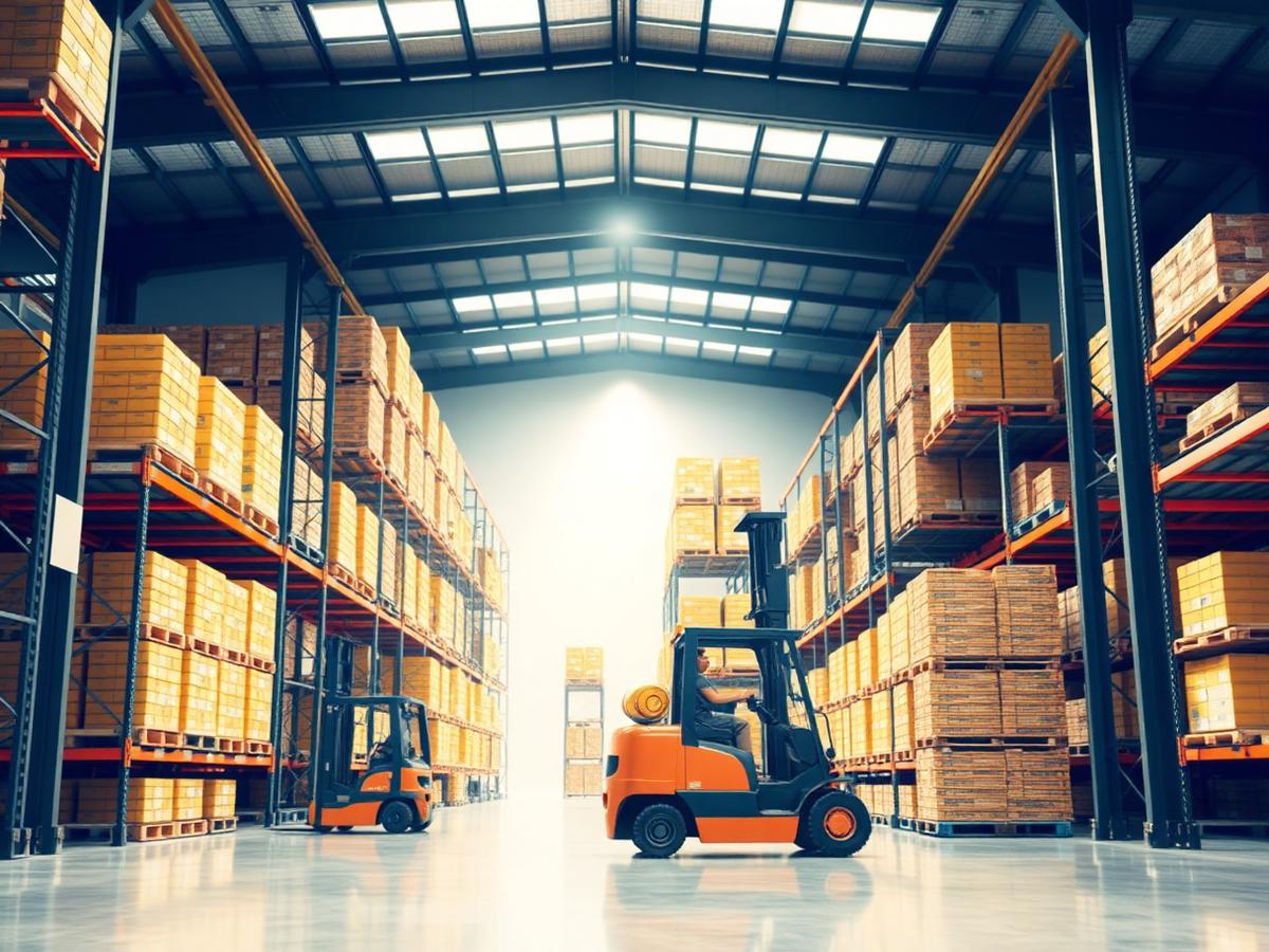 Warehouse interior with racking and forklifts